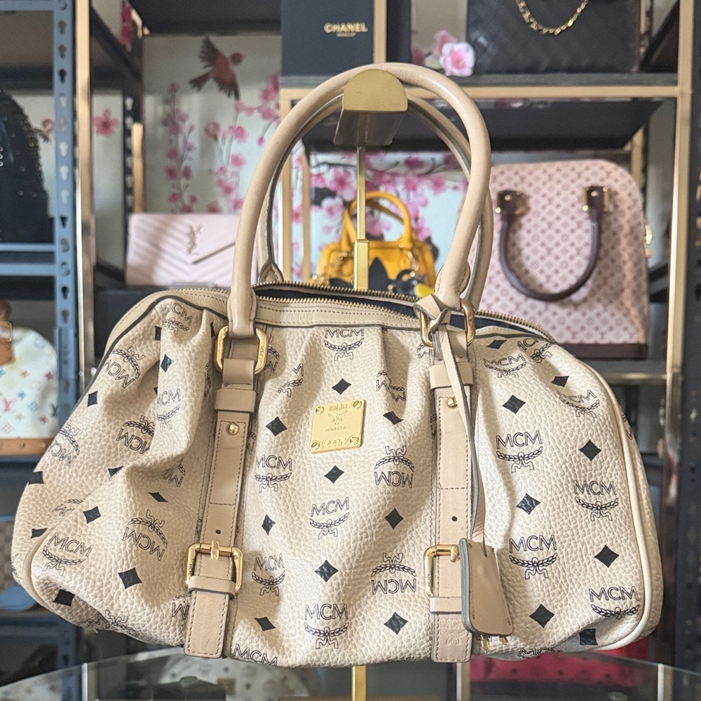 MCM Beige Monogram Dome Satchel with Gold Hardware